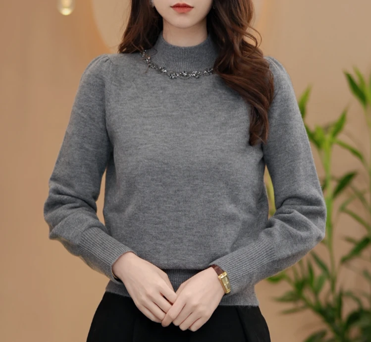 XG133冬季加厚珠珠圆领新款毛衣长袖上衣优雅宽松打底