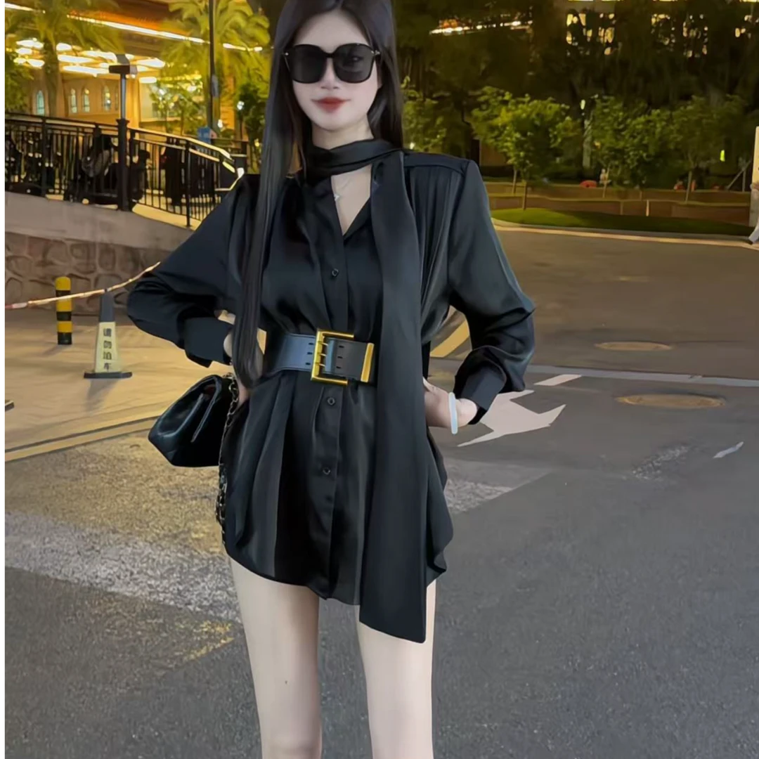 夏季显瘦法式V领金属腰带缎面飘带衬衫裙黑色西装裤a字包臀短裤