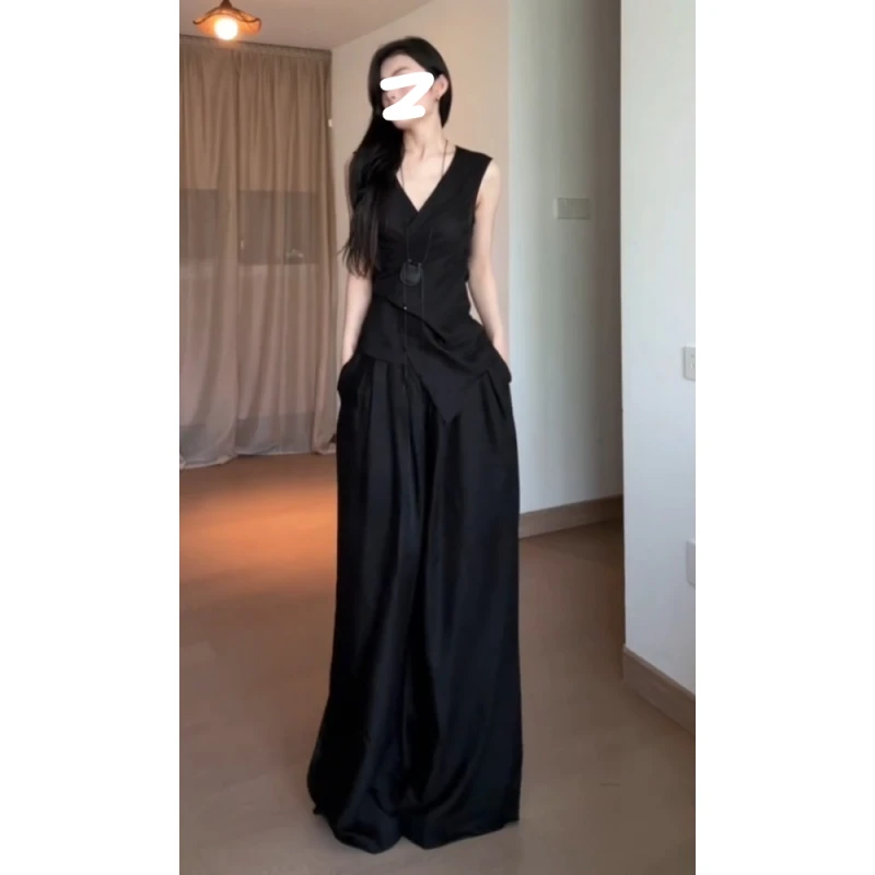 2025夏季新款气质一整套穿搭御姐气质修身显瘦黑色无袖马甲套装裤