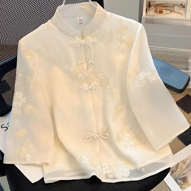 立领薄款对襟文艺仙气衬衫上衣复古夏季少女新中式刺绣气质绣花