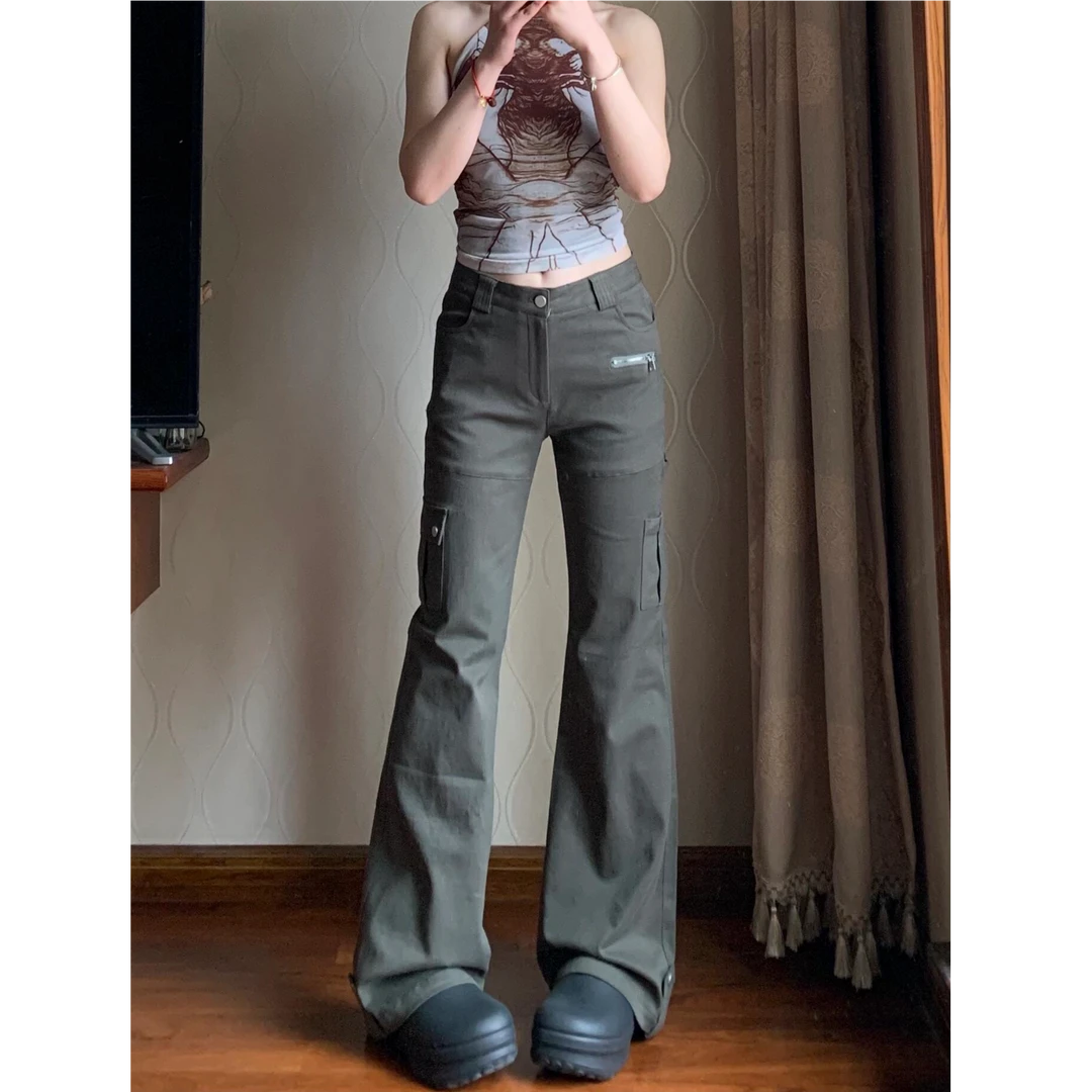 NOMIO美式复古多口袋工装裤女修身微喇显瘦高腰百搭休闲工装裤