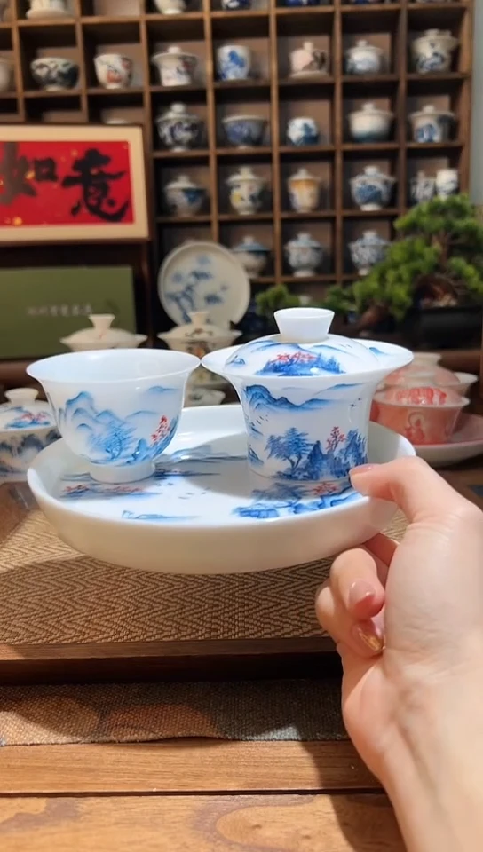 【闪购商品】山水马蹄盖碗+大杯子+壶承
