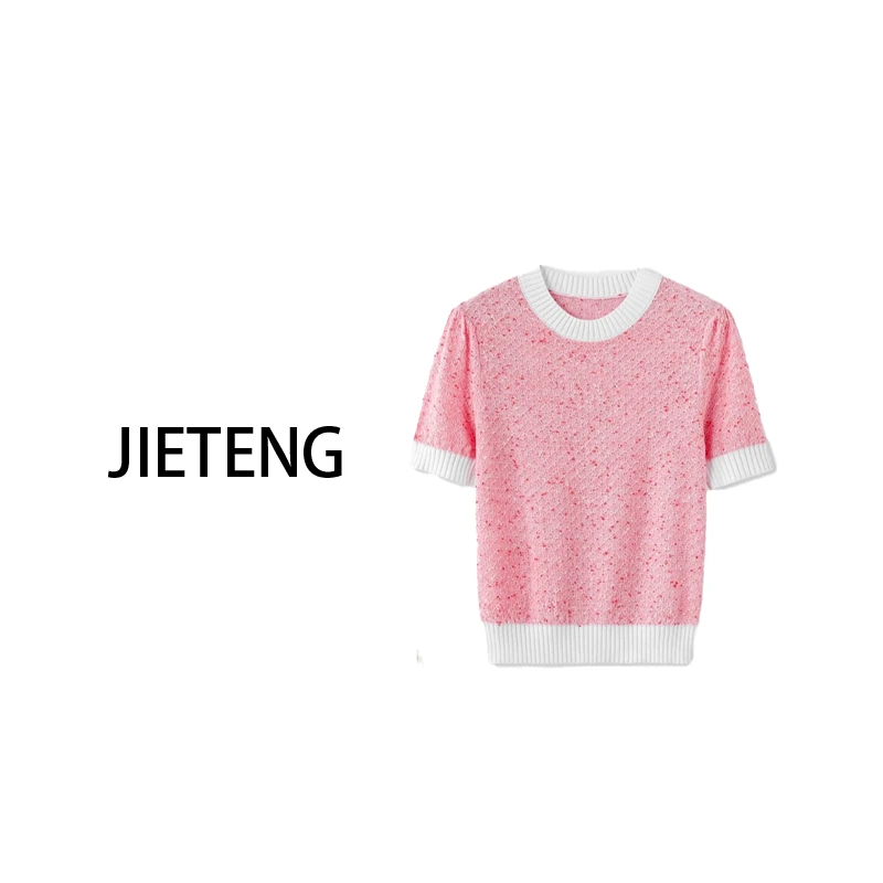 JITE 夏季气质女士休闲百搭蜜桃粉轻薄针织款套头毛衣针织衫-2006