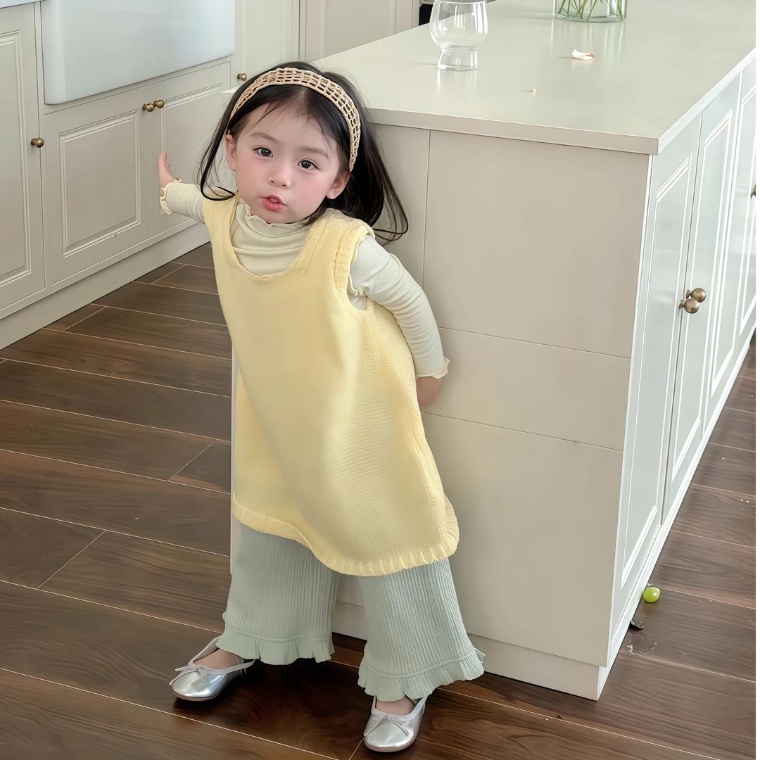 2025早秋新款女童韩版纯色毛衣连衣裙针织裙甜美花边裤小女孩衣服