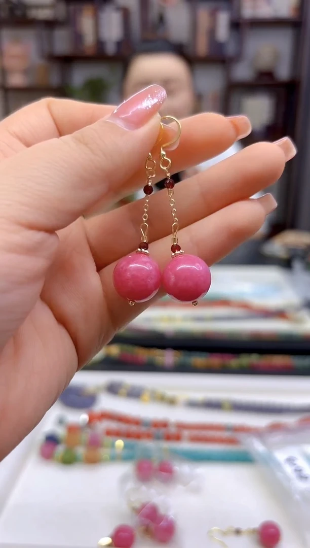 【闪购商品】菱锰矿（红纹石）耳坠14K金镶嵌E613