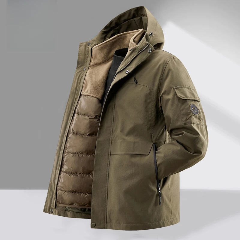 新款保暖连帽可脱卸内胆徽章外套男士秋冬美式极简风两件套夹克