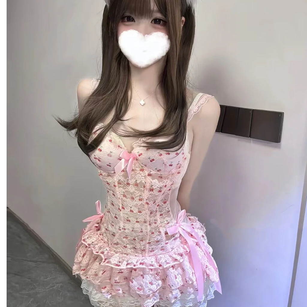 『七月风』女夏季性感纯欲新款带胸垫蕾丝吊带睡裙套装春秋网红风