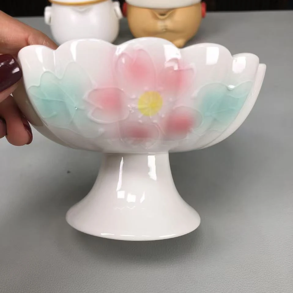 荷花羊脂玉瓷果盘Y4115