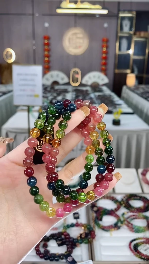 老矿碧玺色标彩虹透体三圈手串7mm+未镶嵌碧玺dan多样性发货一条