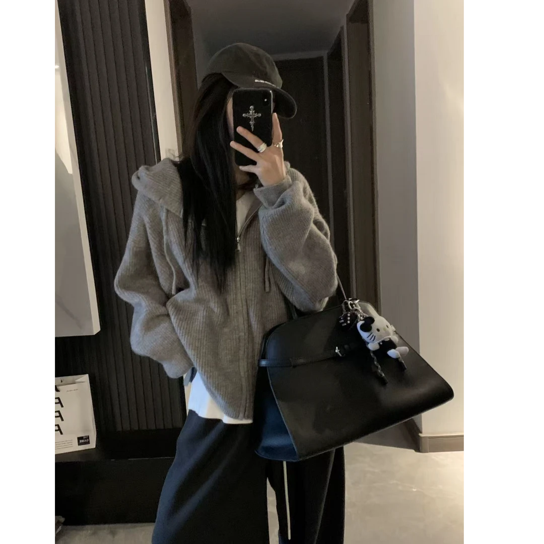 韩系连帽拉链毛衣女秋冬新款内搭慵懒高级感针织开衫外套女1395