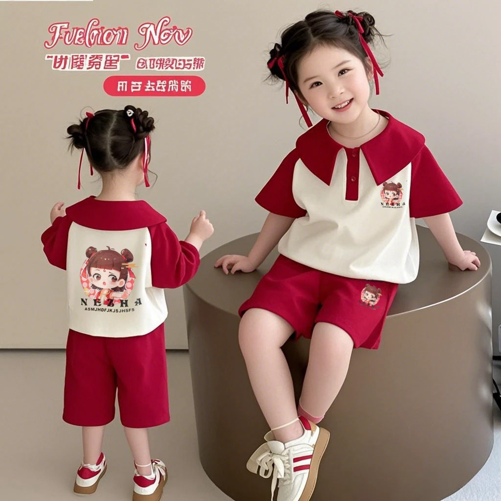 爆款哪吒套装卡通动漫休闲风童装夏季套装短袖短裤时尚两件套