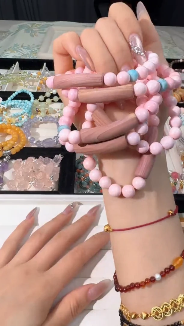 水晶手链未镶嵌O013粉贝木头半镯款