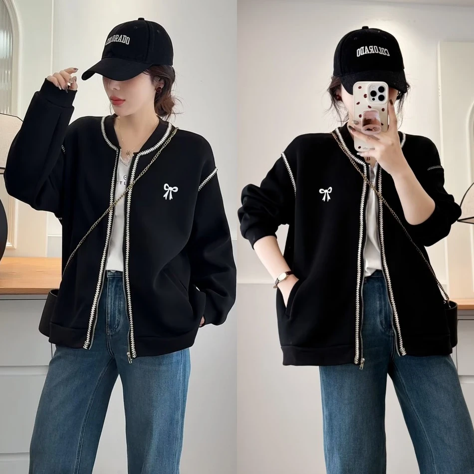 大码胖mm小香风减龄蝴蝶结刺绣百搭外套女春季新款宽松遮肉上衣