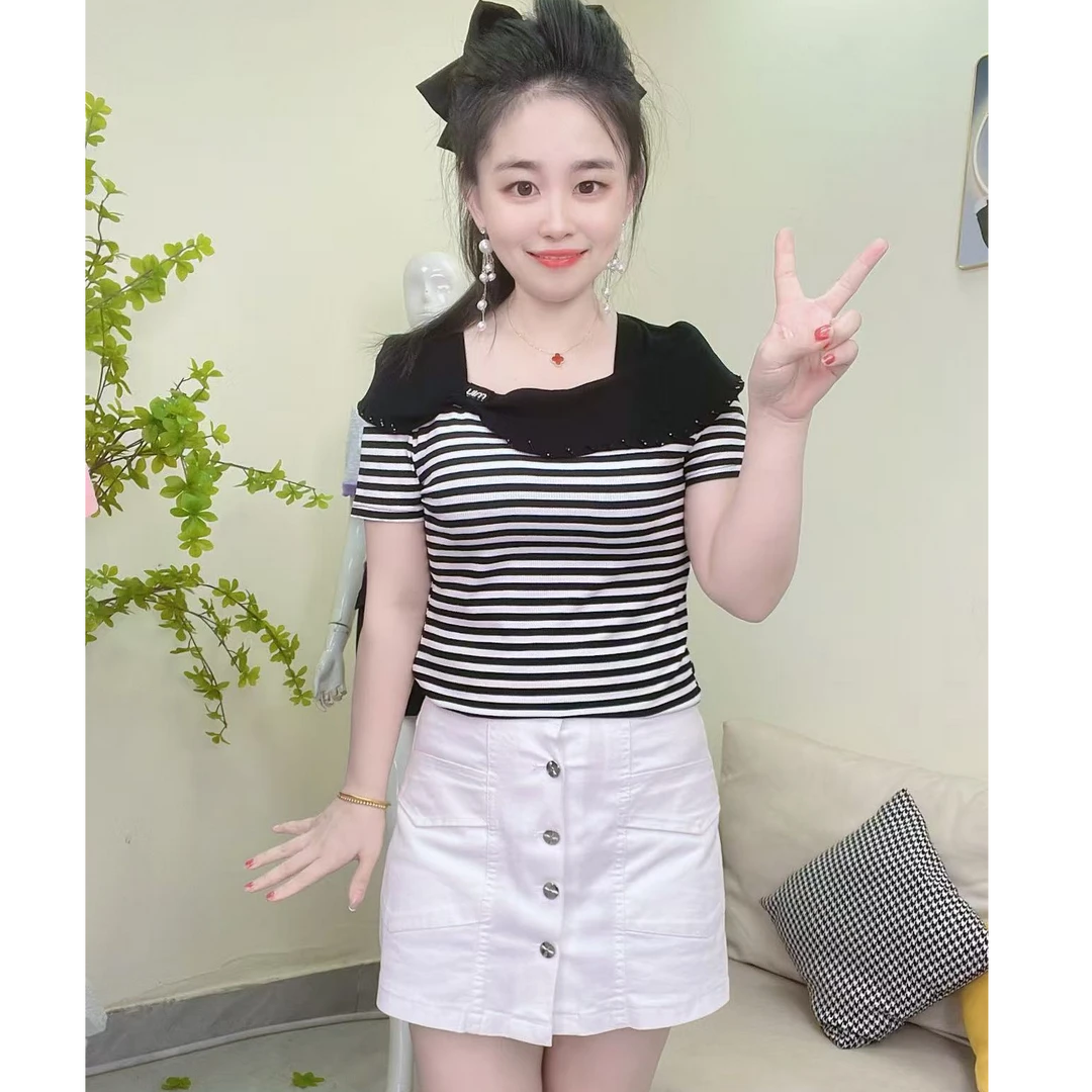 淑女日记···2025夏季新款手工缝珠荷叶边修身百搭洋气T恤上衣 312