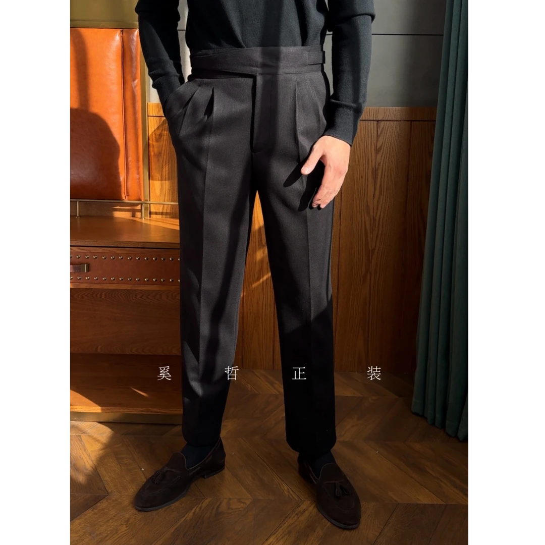 秋冬厚款高腰廓尔喀纽扣调节轻奢高级感休闲保暖高腰西裤