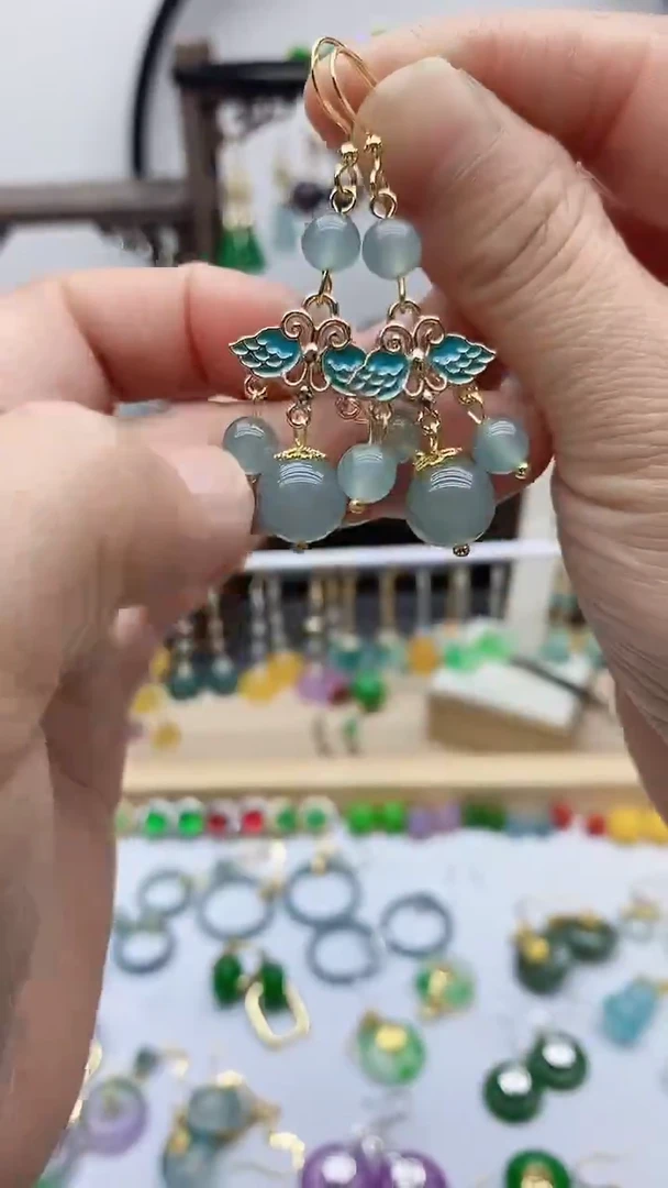 14K金镶嵌石英质玉（天山翠）耳饰167