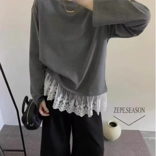 【福利款】春季新款韩系圆领纯色简约蕾丝拼接花边假两件T恤上衣