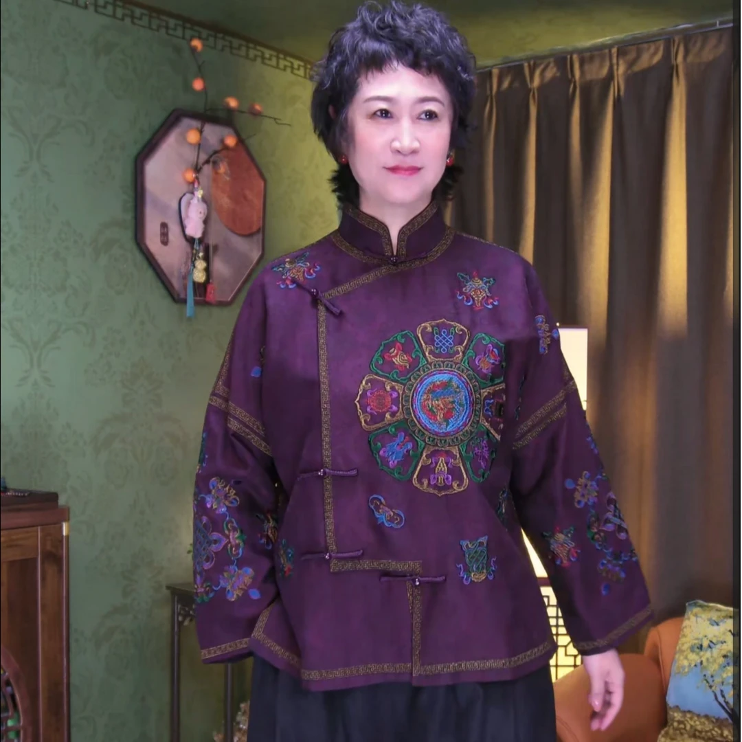 【八宝彩绣】香云纱桑蚕丝加厚双面斜襟长袖刺绣中式花纹秋冬外套