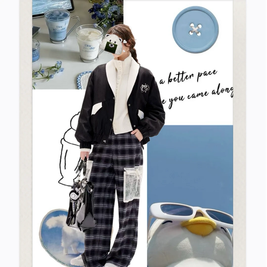 【安-舒适底牌】秋冬新款格纹慵懒风休闲裤女阔腿裤