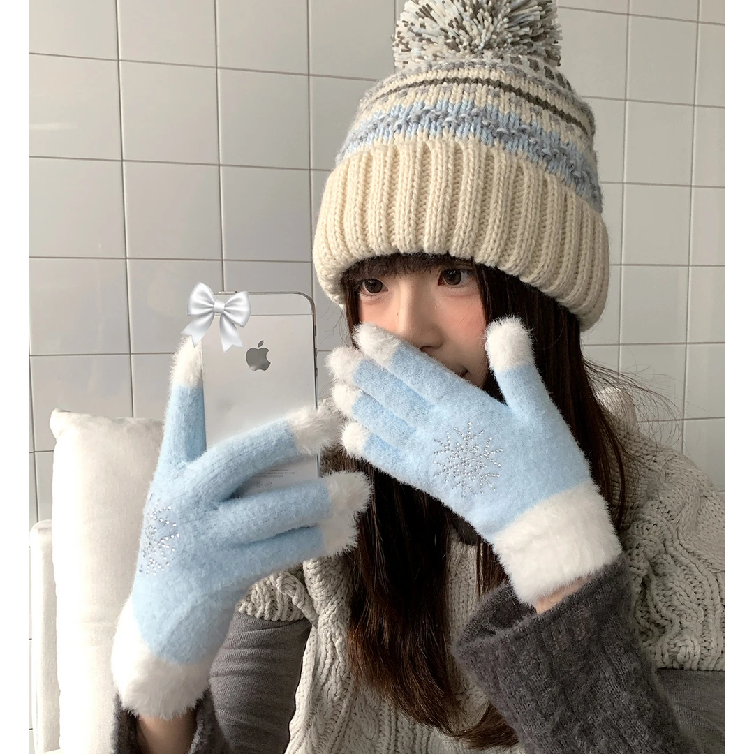 圣诞水钻雪花蓝色毛绒分指手套女冬季加厚保暖可触屏手套防寒防风