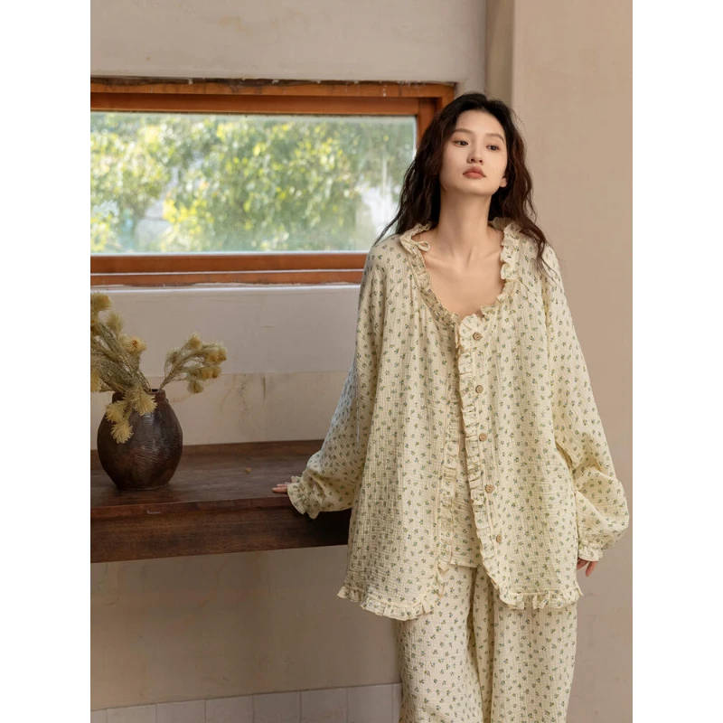 【欧若风三件套】温柔棉纱睡衣2025春秋新款宽松大码吊带家居服