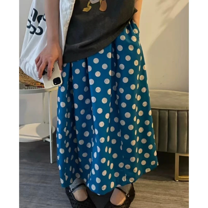 超韩复古波点裙子~宽松显瘦百搭中长款半身裙时尚文艺感A字裙