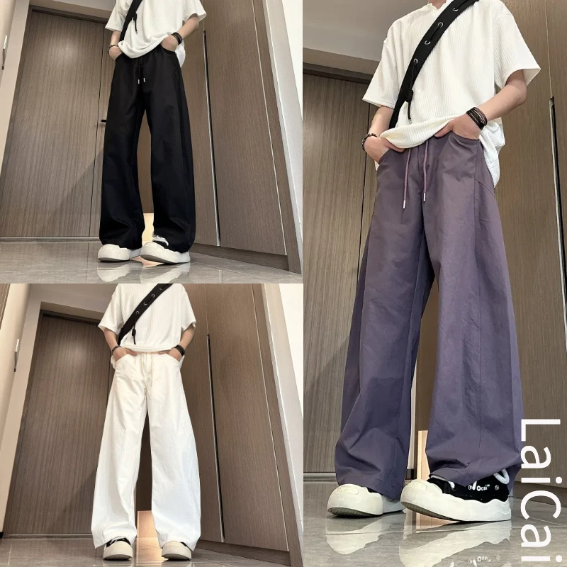 美式斜切休闲裤子薄男春夏季潮牌高街弯刀夏季男士美式斜切阔腿裤