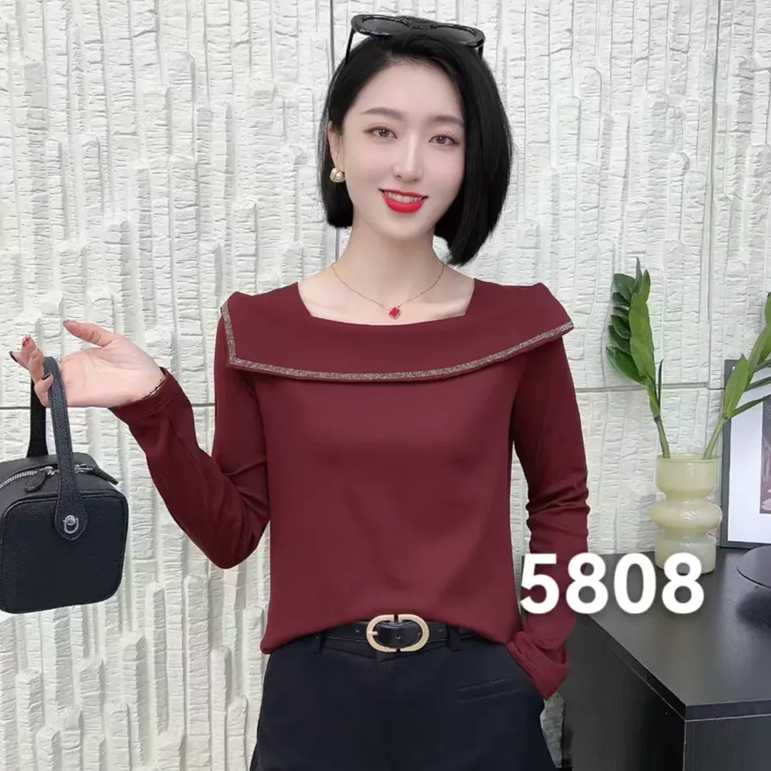 【歌莱图】2025早秋新款时尚一字领荷叶边设计感显瘦气质上衣#5808