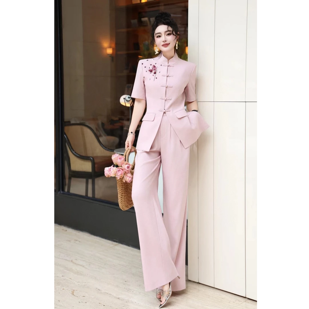 2025新中式国风穿搭套装夏季重工轻奢高级感短袖西服通勤显瘦外套