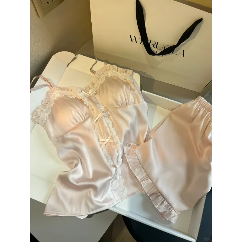 纯欲风少女感带胸垫冰丝吊带睡衣女夏季洋气轻熟风性感家居服套装