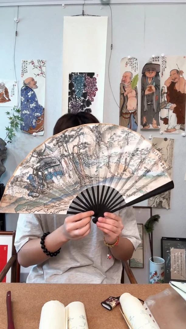书法罗老师 10寸扇子 山水楼阁