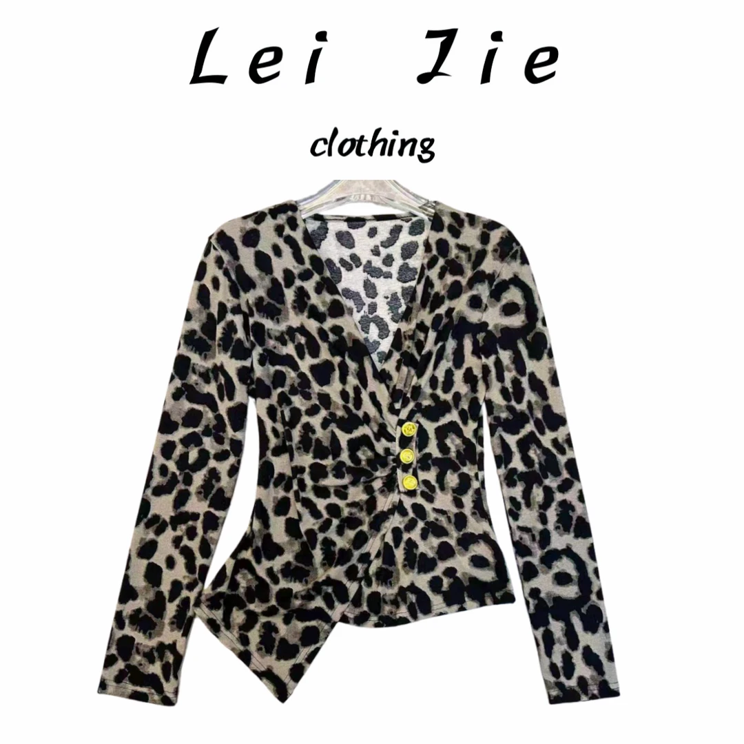 【Lei Jie】欧货侧三扣豹纹修身上衣612