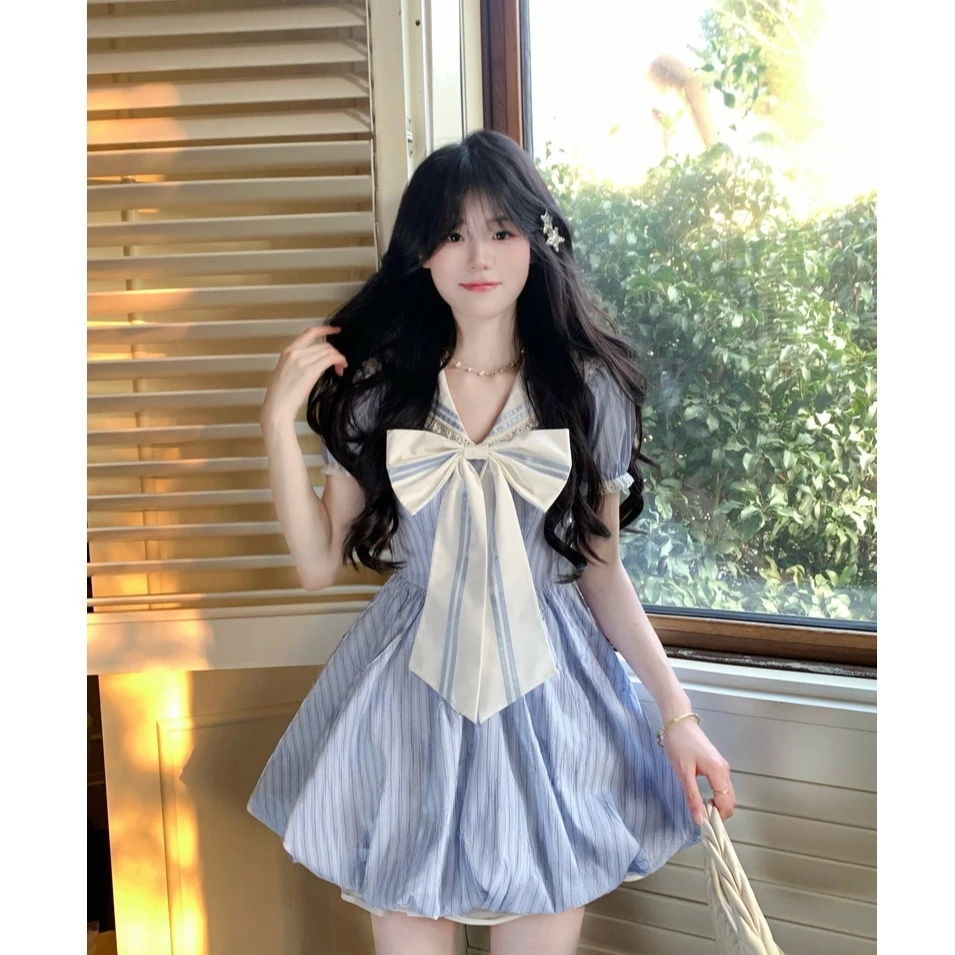 【糖糖】大码女装学院风海军领蓝条纹少女蝴蝶结花苞连衣裙11501