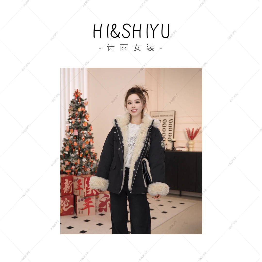 HISHIYU【雪绒绒】时尚百搭连帽拼接加绒加厚保暖派克服女
