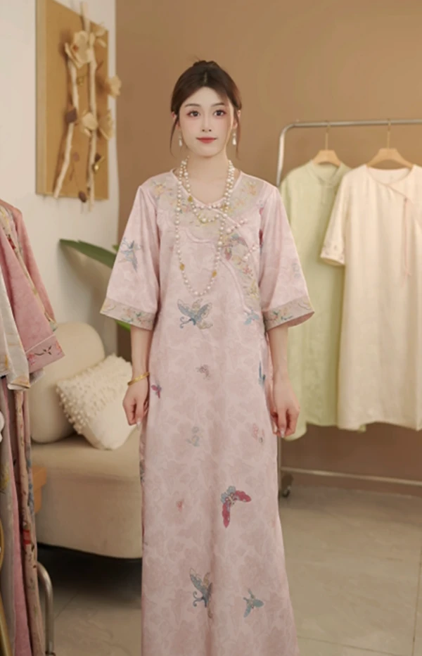 玉蝶】新中式改良旗袍夏款国风斜襟连衣裙气质宽松蝴蝶绣花裙子