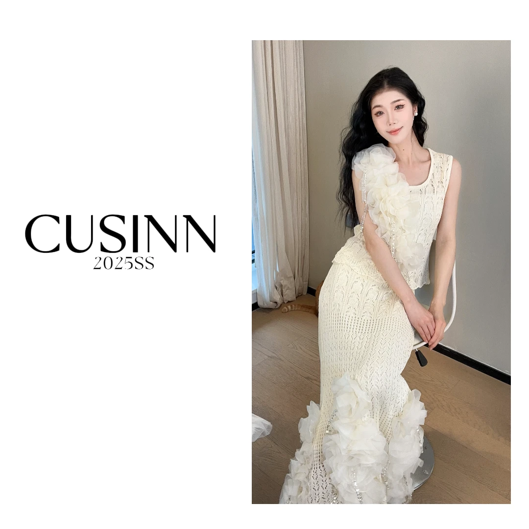 CUSINN【新款】2025SS轻奢重工设计感镂空立体花朵高级感气质套装