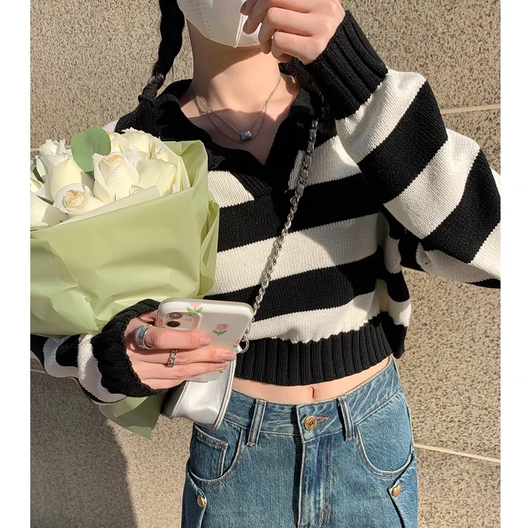条纹美术馆 复古V领小个子春季新款宽松慵懒风条纹针织衫24188