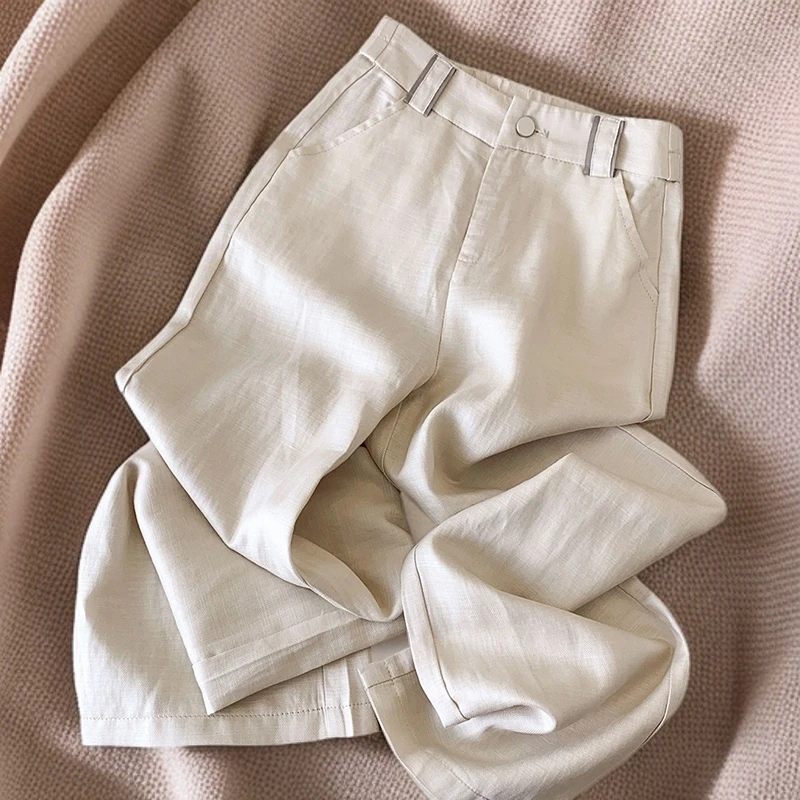 人字纹天丝亚麻阔腿裤女2025夏季新款高腰后松紧垂感休闲直筒裤子