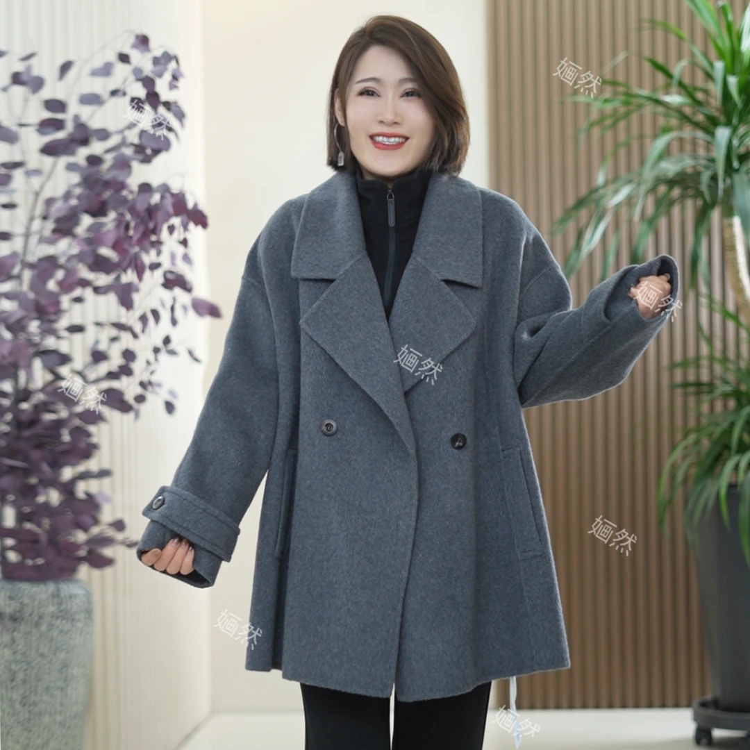 山羊绒+绵羊毛+莱赛尔A版双面呢大衣高定大码秋季保暖毛呢外套女