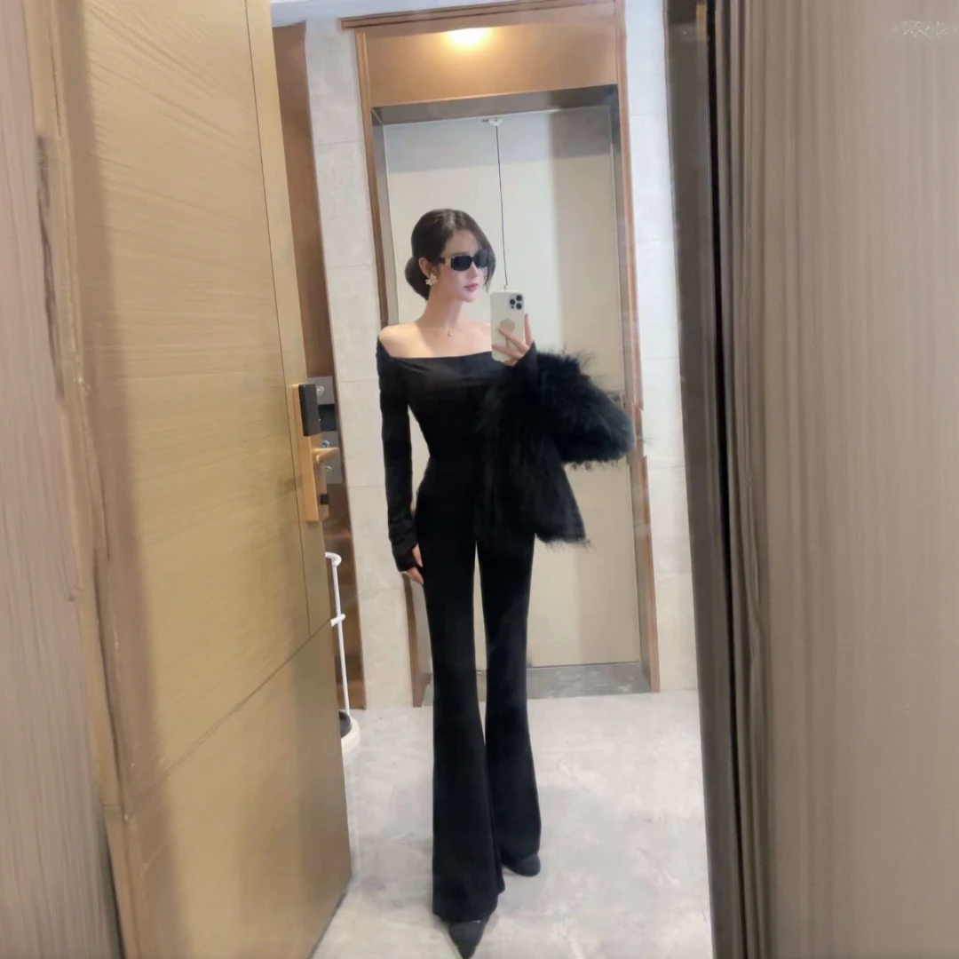 黑色 美胯弹力喇叭裤 W25101610