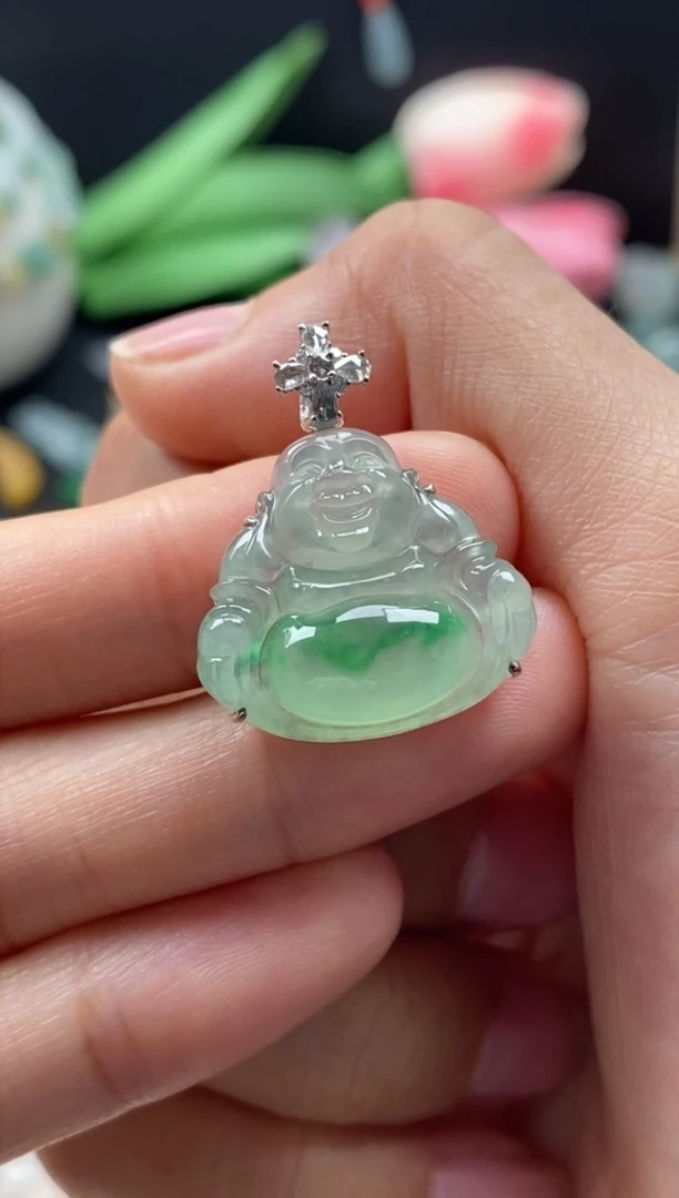 【闪购商品】翡翠颈饰18K金镶嵌翡翠冰晴飘花佛公吊坠