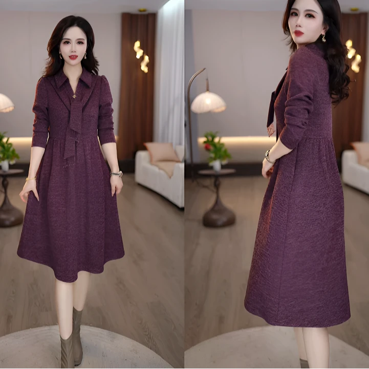 新品上新2025年秋款紫色洋气时尚气质打底干练修身收腰女士连衣裙