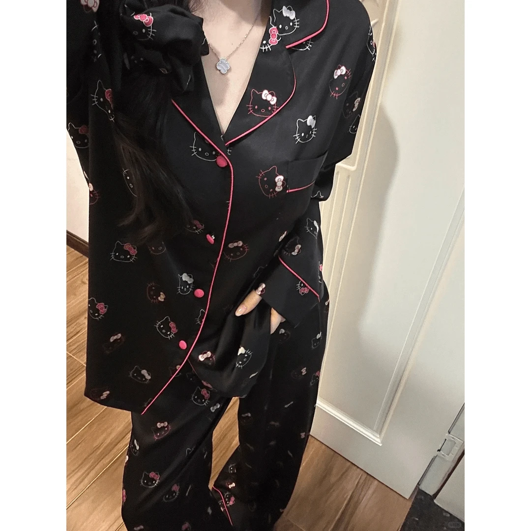 冰丝睡衣女春秋长袖开衫可爱卡通KT猫高级感夏季薄款家居服两件套