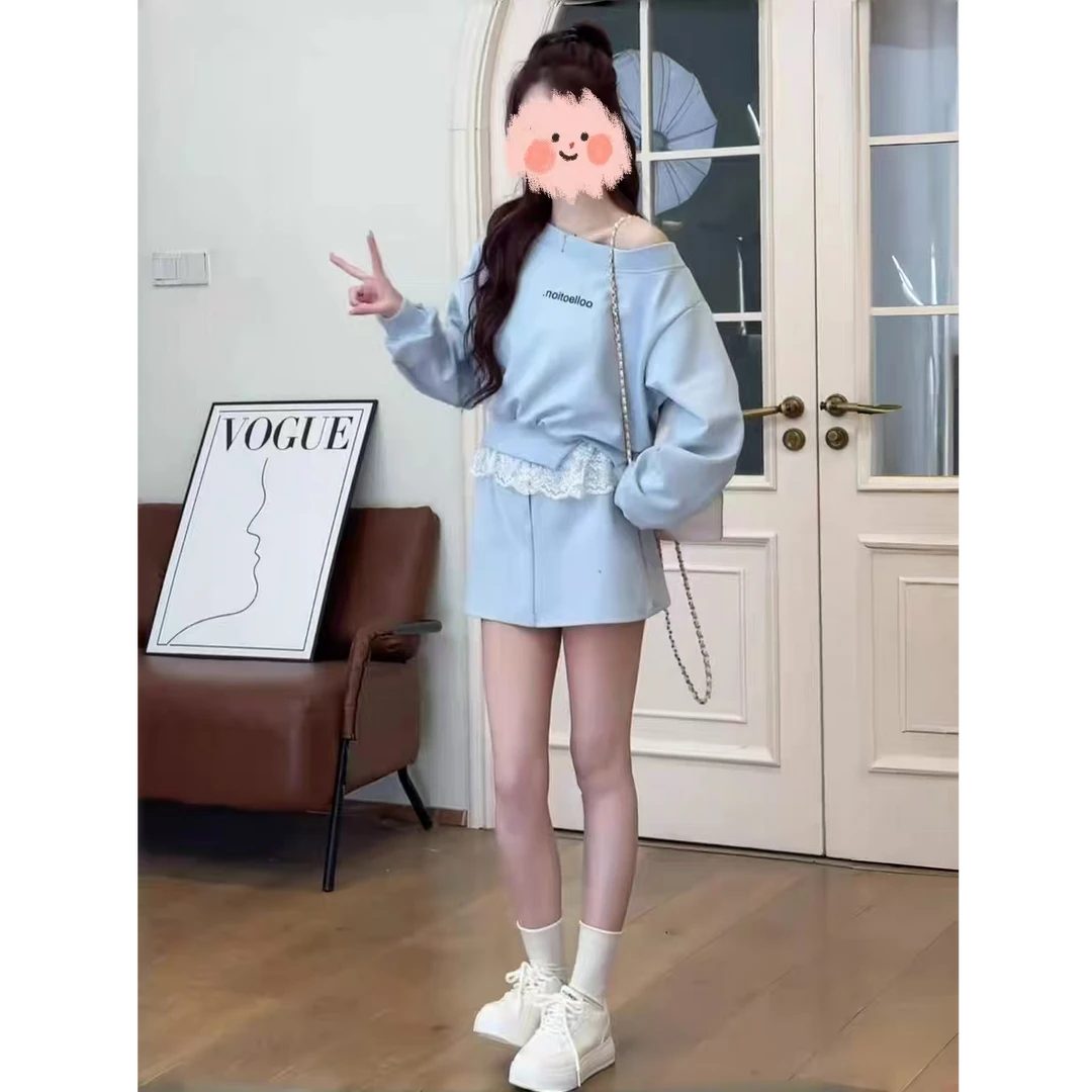 韩系2025春装套装女小个子时尚运动休闲斜肩卫衣蕾丝半身裙两件套