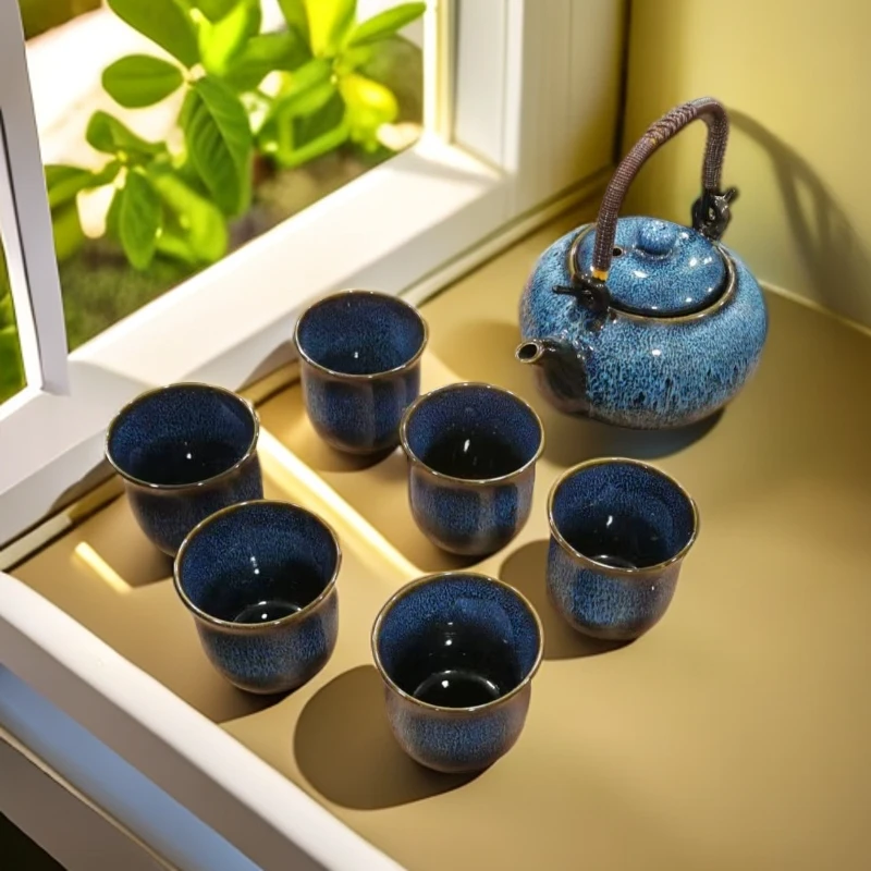 窑变茶具套装提梁壶家用陶瓷中式整套茶壶建盏简约现代喝茶杯茶盘