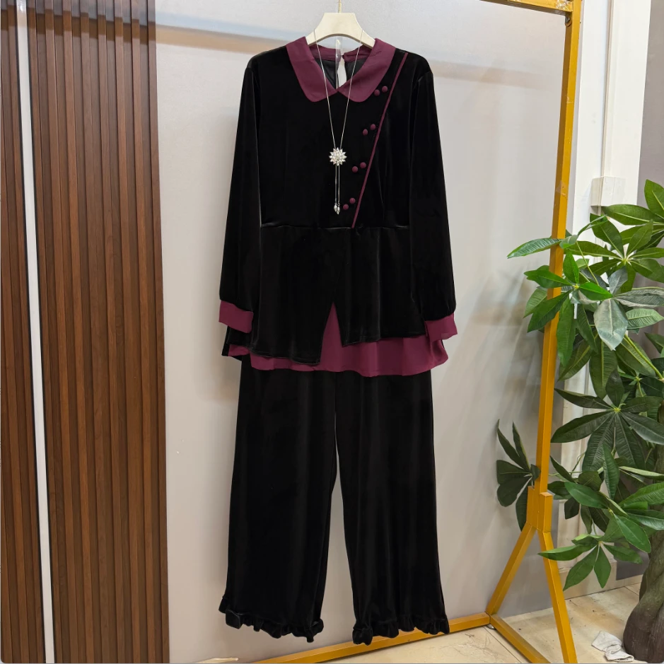 早秋新款时尚洋气假两件小翻领丝绒上衣十松紧腰阔腿裤（可单拍）