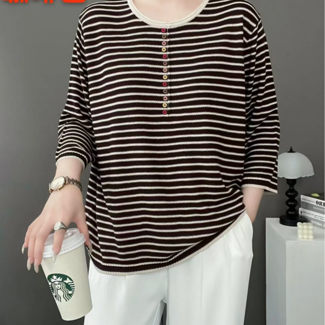 条纹圆领秋季春季女薄款毛针织衫休闲七分袖针织衫5609