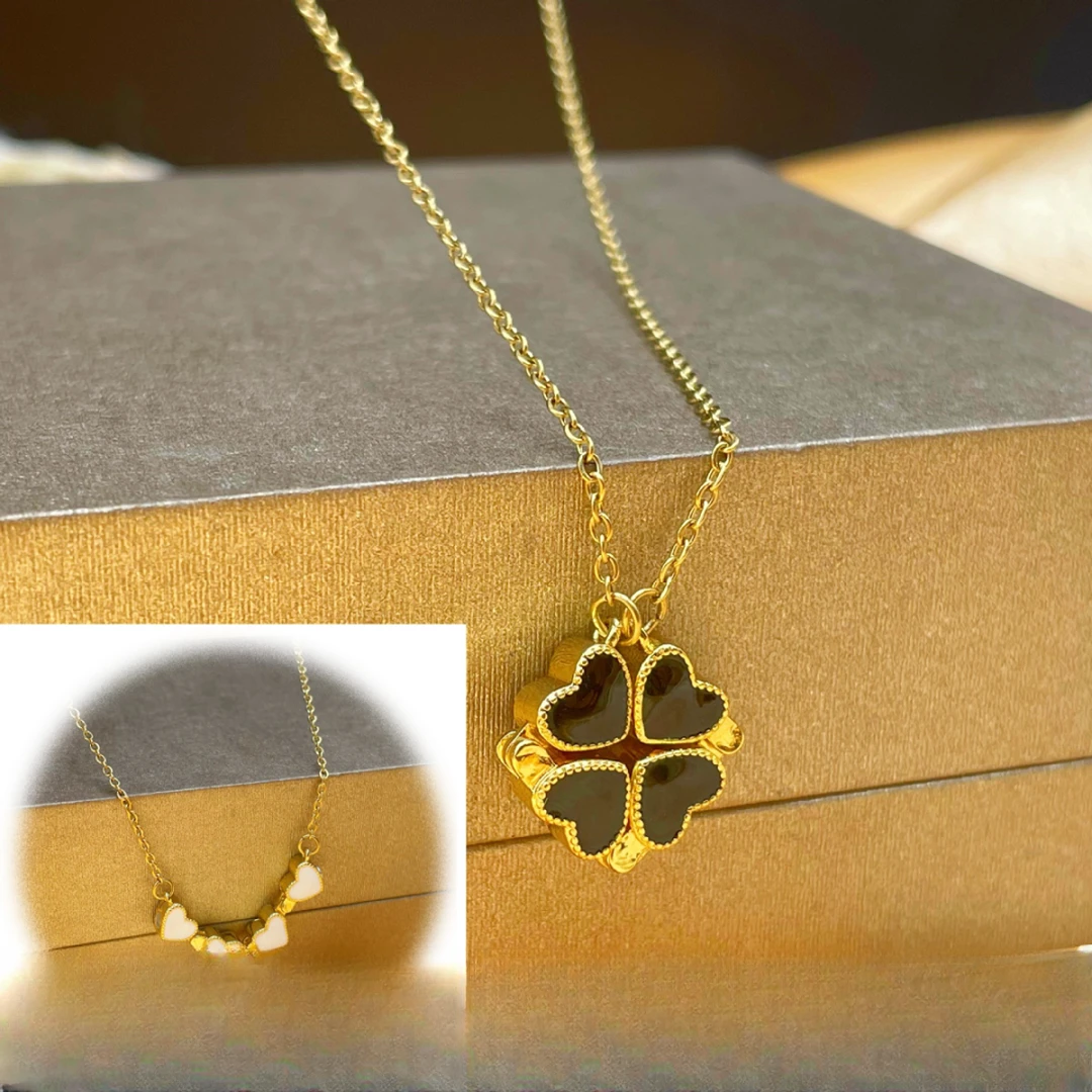 铜项链 双色双面四叶草项链饰品女款四戴心连心开合爱心折叠项链