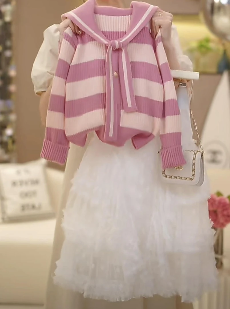 女童2025春季新款蕾丝5毛衣半身裙套装开衫针织衫小香风蛋糕纱裙