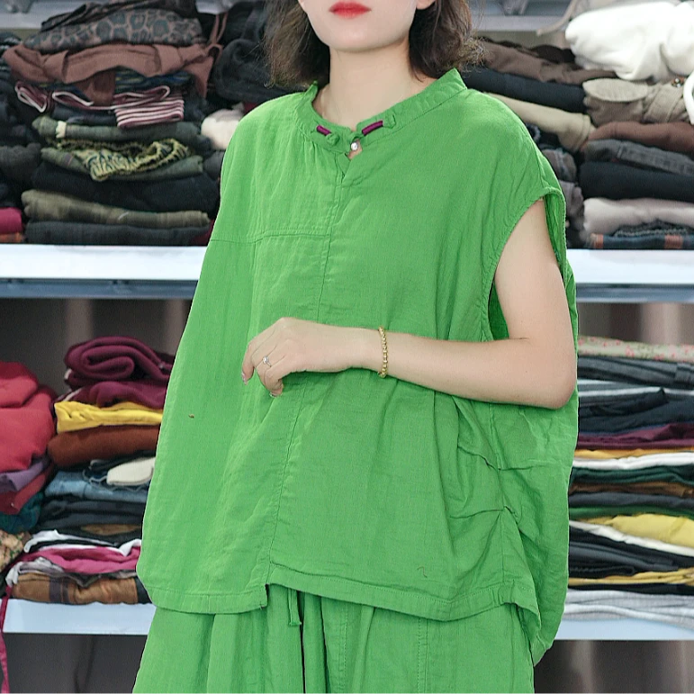 A1092婴儿棉圆领夏季休闲大码宽松盘扣T恤女上衣套装